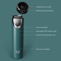 Ever Vessel Super Maxi vacuum insulated stainless steel water bottle with key features text - teal green
