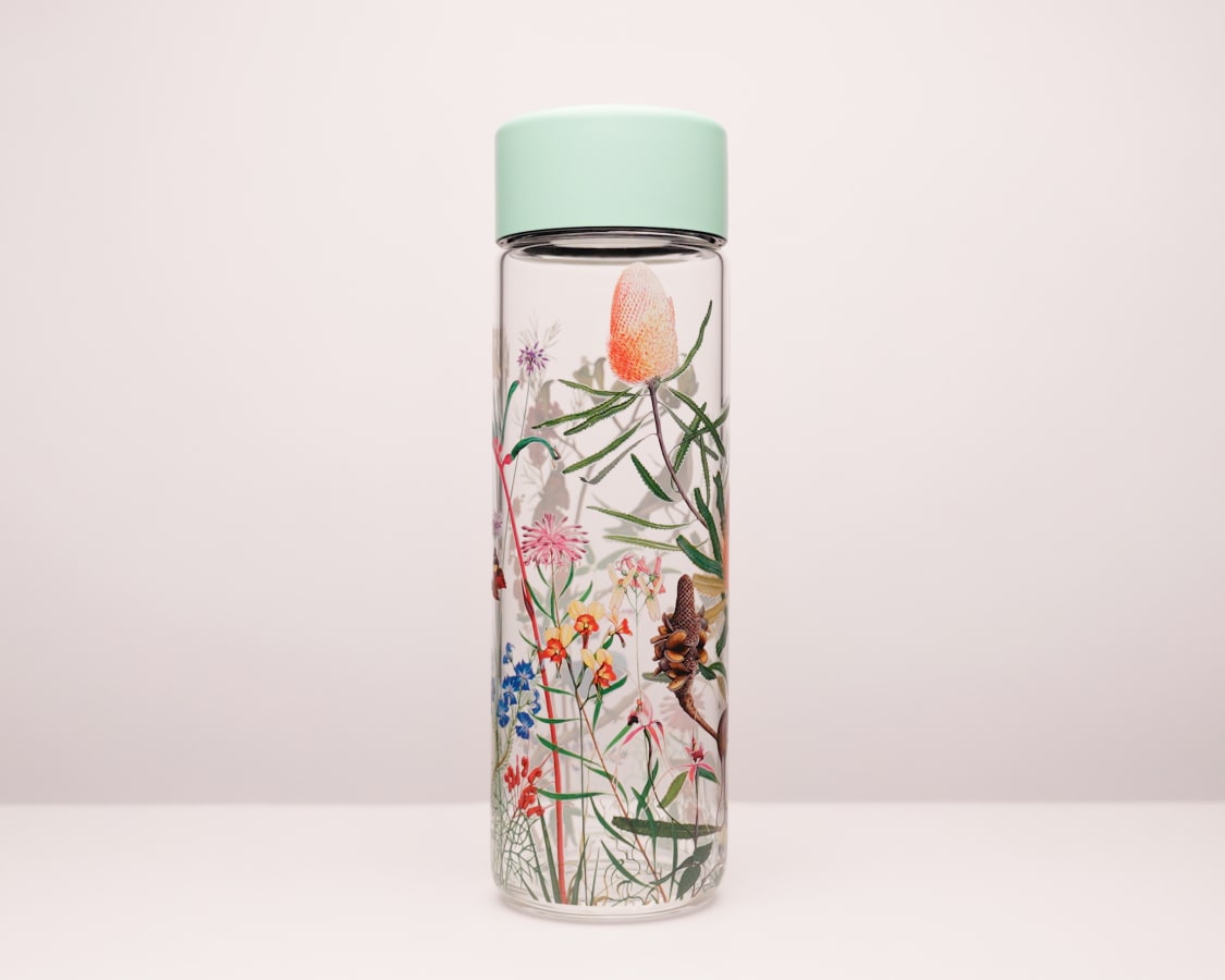 Custom water bottle of a flower design uv printed onto a glass Ever Vessel