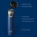 Ever Vessel Super Maxi vacuum insulated stainless steel water bottle with key features text - blue