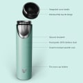 Ever Vessel Super Maxi vacuum insulated stainless steel water bottle with key features text - mint green