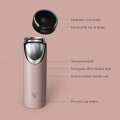 Ever Vessel Maxi vacuum insulated stainless steel water bottle with key features text - rose pink