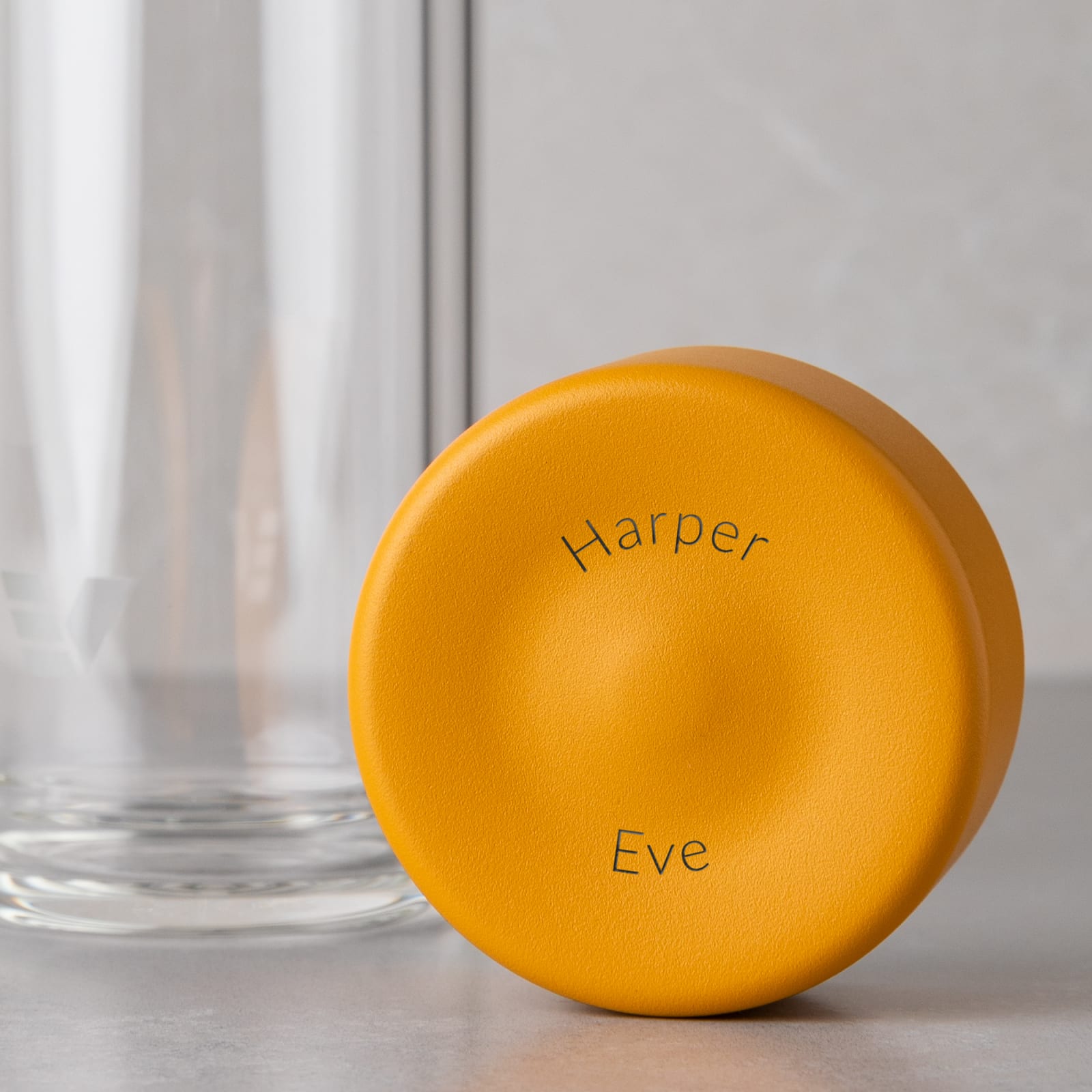 Personalized Ever Vessel Glass Multi double walled glass tea infuser bottle with the yellow lid removed showing the laser engraved name.