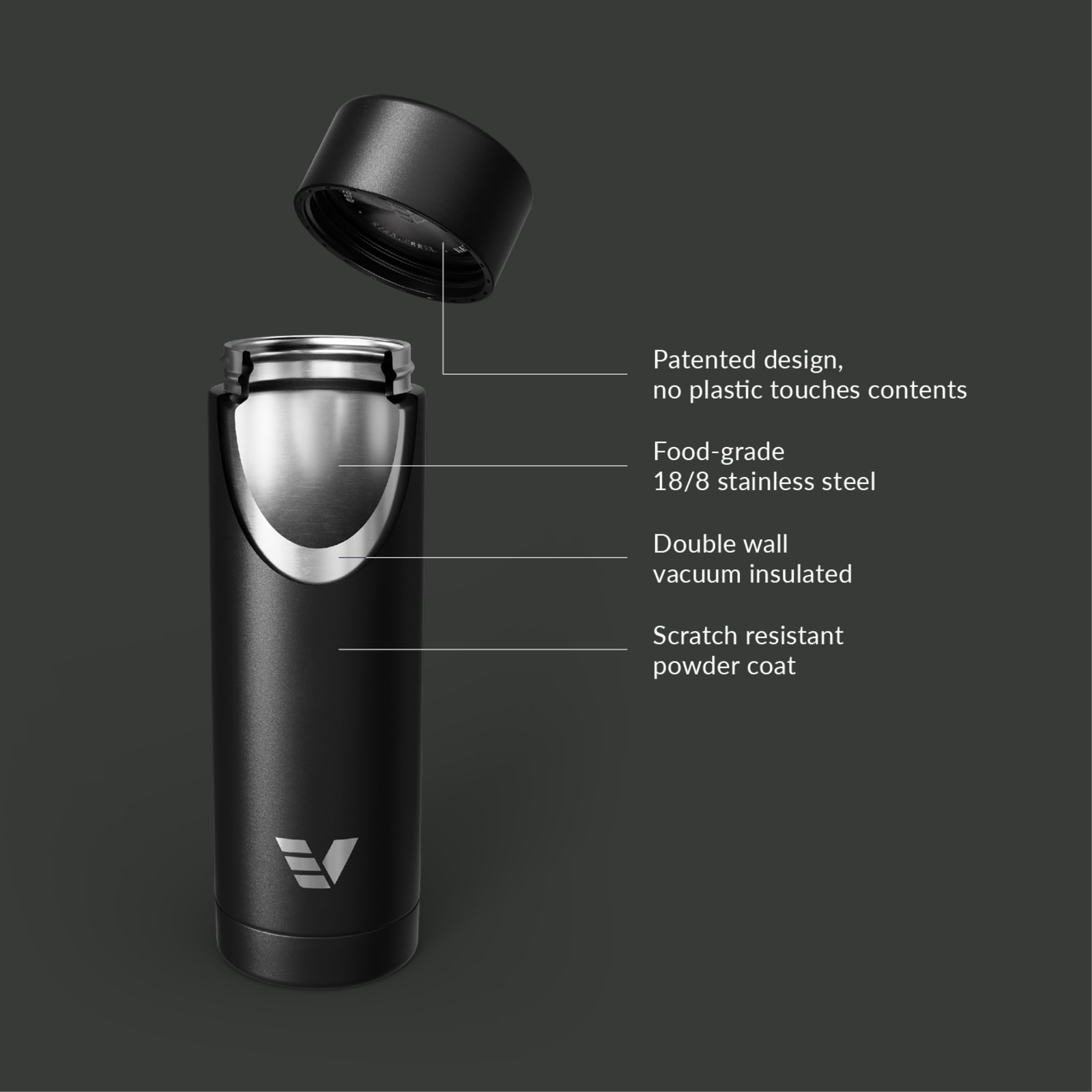 Ever Vessel Multi stainless steel water bottle and tea flask key features Black Sand