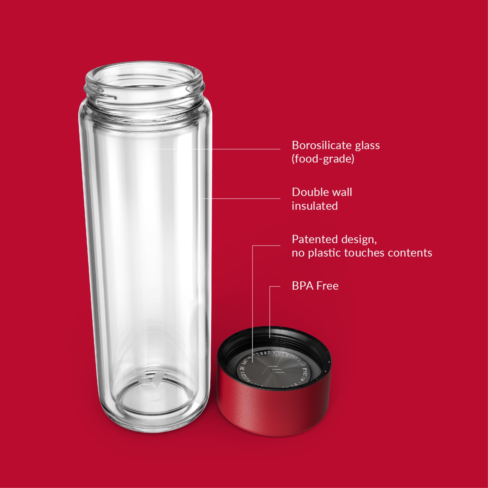 Ever Vessel Glass Multi glass water bottle and tea flask key features Red