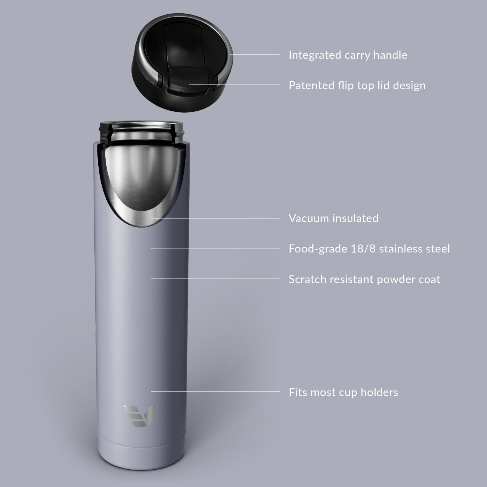 Ever Vessel Super Maxi vacuum insulated stainless steel water bottle with key features text - lilac