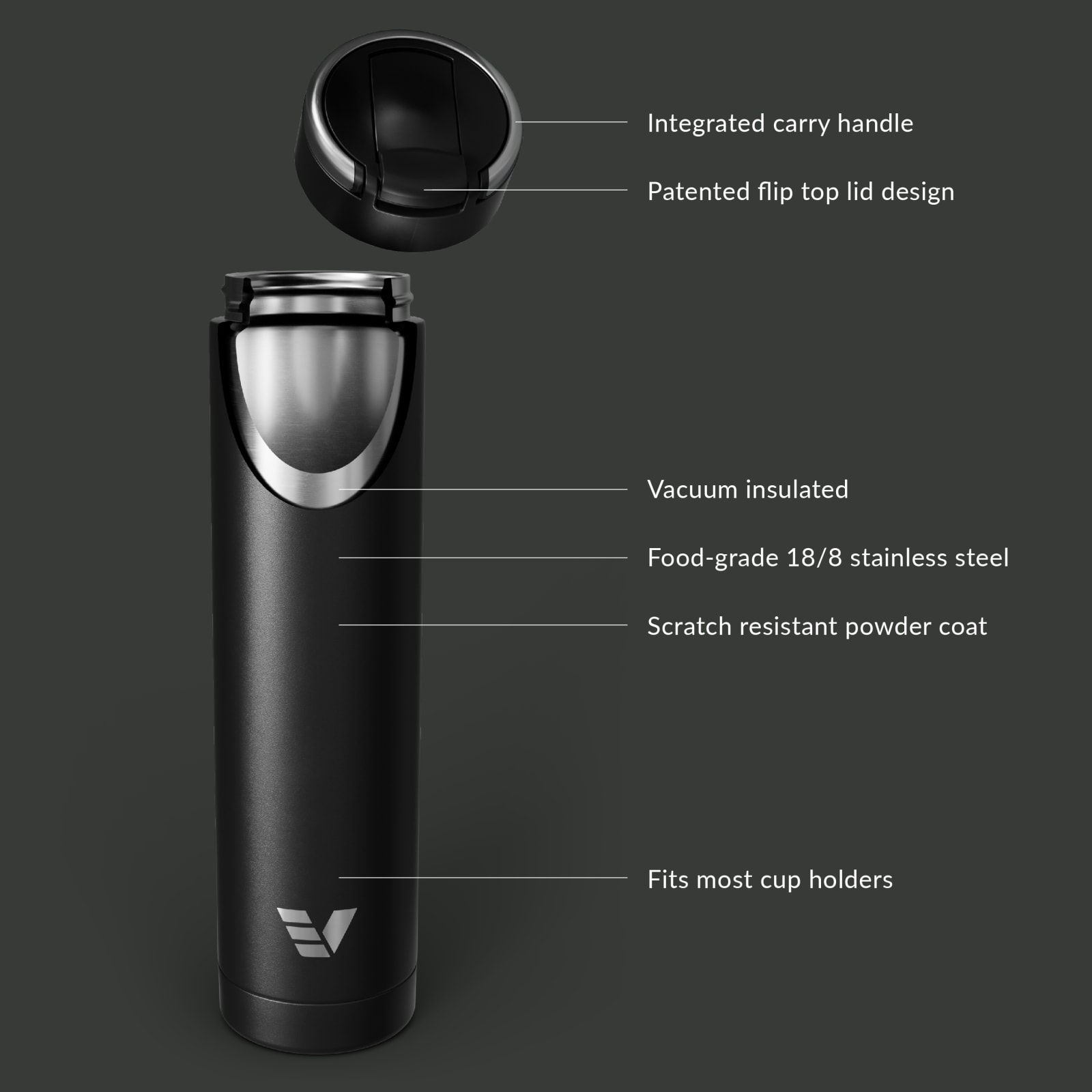 Ever Vessel Super Maxi vacuum insulated stainless steel water bottle with key features text - black
