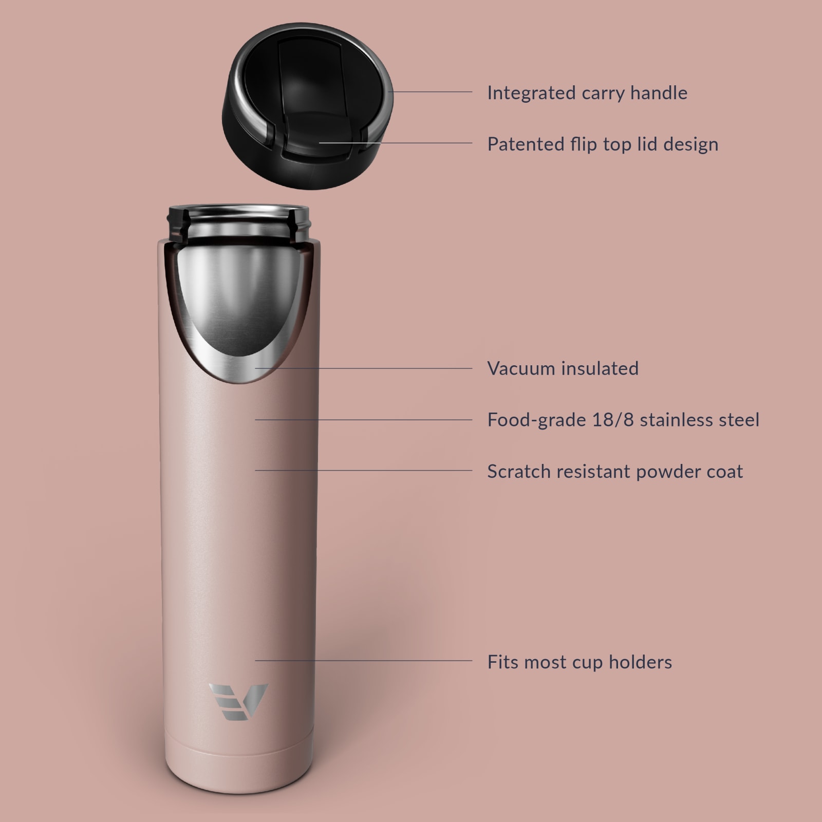 Ever Vessel Super Maxi vacuum insulated stainless steel water bottle with key features text - rose pink