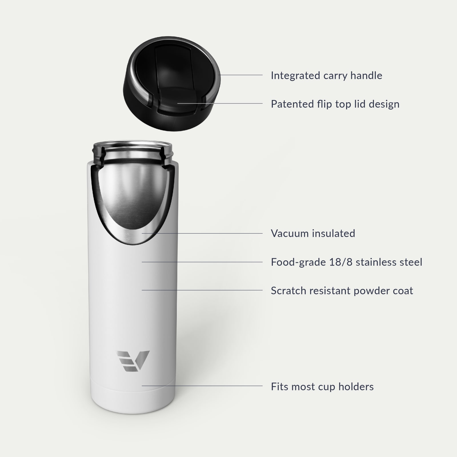 Ever Vessel Maxi vacuum insulated stainless steel water bottle with key features text - white
