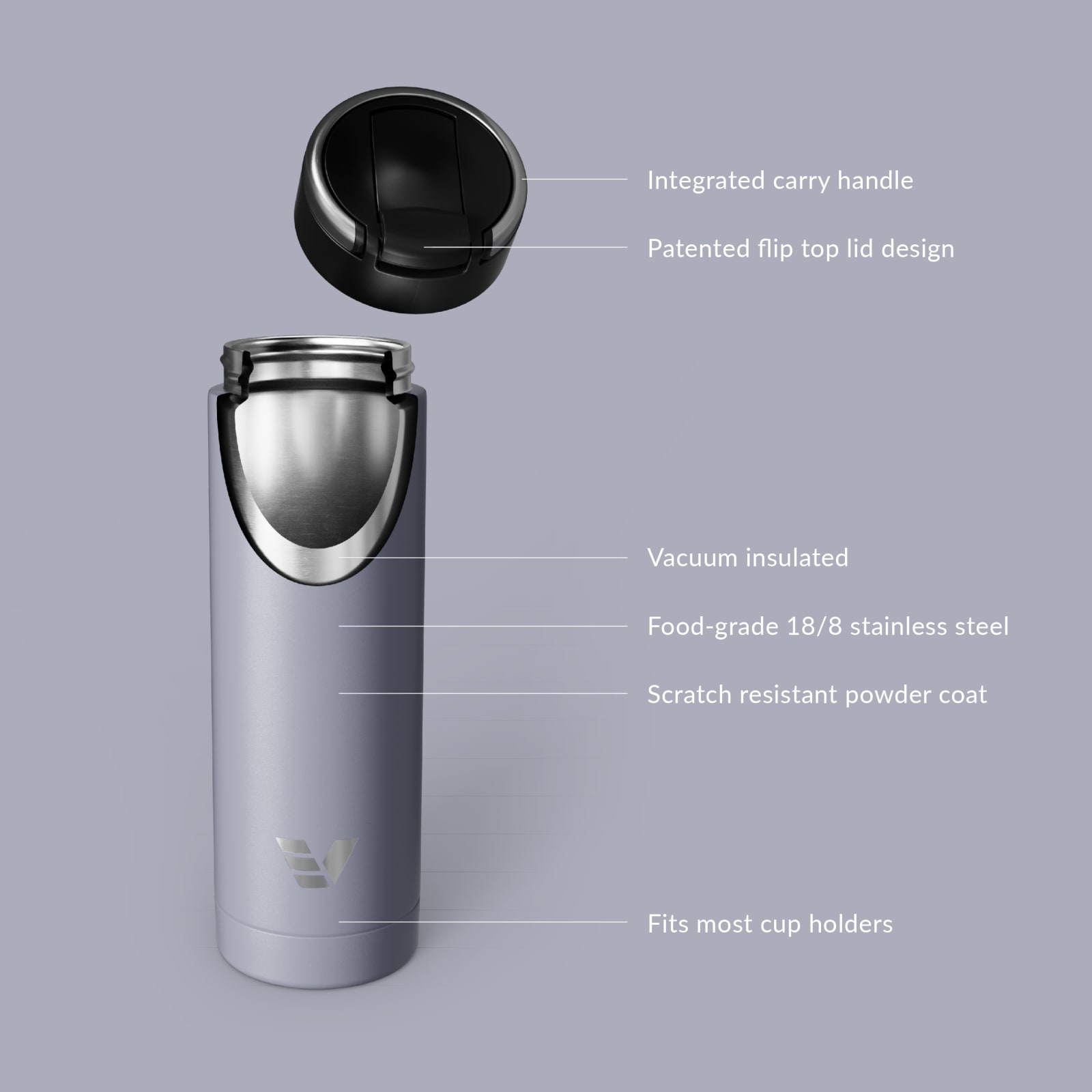 Ever Vessel Maxi vacuum insulated stainless steel water bottle with key features text - lilac