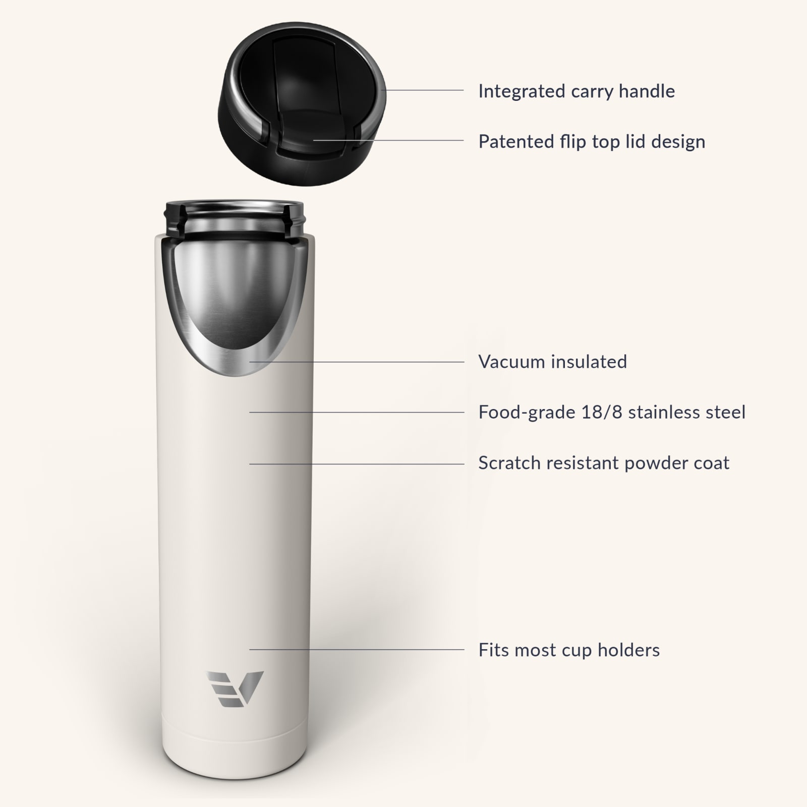 Ever Vessel Super Maxi vacuum insulated stainless steel water bottle with key features text - luna white