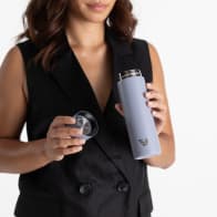 Female about to drink from an Ever Vessel Mini Lilac small water bottle with the lid removed.