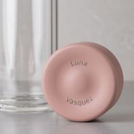 Personalized Ever Vessel Glass Multi double walled glass tea infuser bottle with the rose pink lid removed showing the laser engraved name.