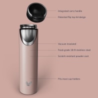Ever Vessel Super Maxi vacuum insulated stainless steel water bottle with key features text - rose pink