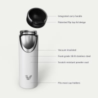 Ever Vessel Maxi vacuum insulated stainless steel water bottle with key features text - white