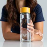 A female holding her Ever Vessel Glass water bottle with yellow lid on a kitchen bench.
