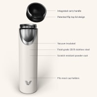 Ever Vessel Super Maxi vacuum insulated stainless steel water bottle with key features text - luna white