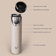 Ever Vessel Super Maxi vacuum insulated stainless steel water bottle with key features text - desert