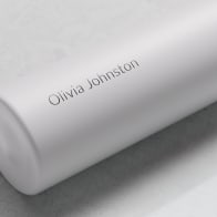 Personalized Ever Vessel Mini White Sand small water bottle with laser engraved name Olivia Johnston on the side.