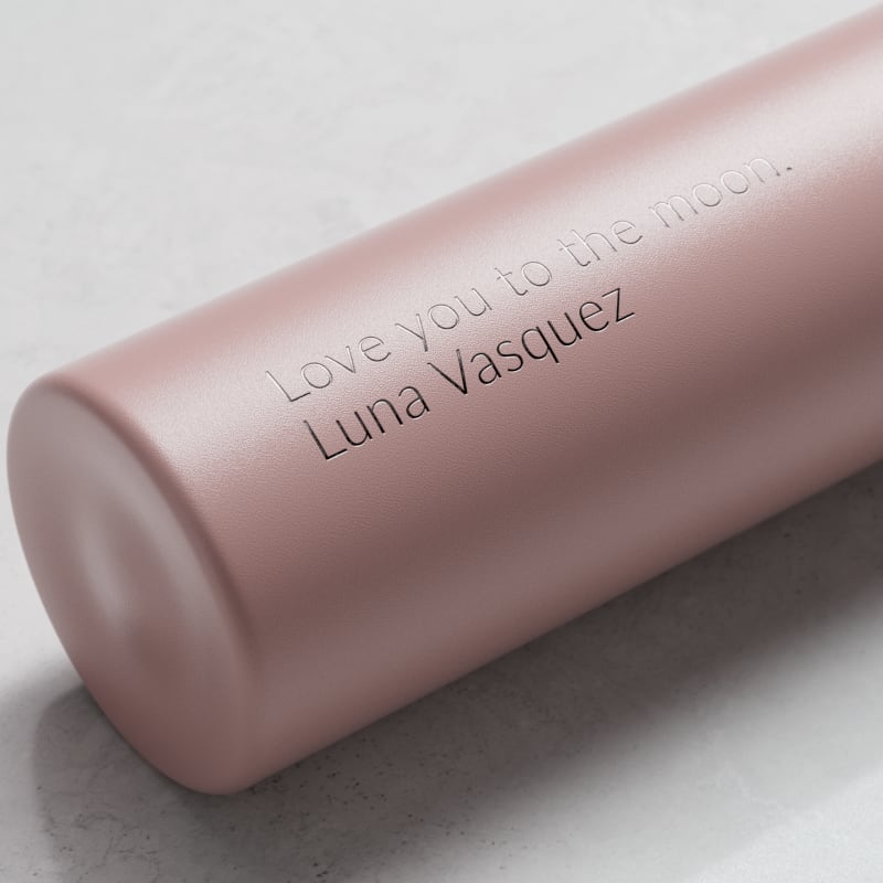 Personalized Ever Vessel Mini Rose Pink small water bottle with laser engraved message Love you to the moon on the side.