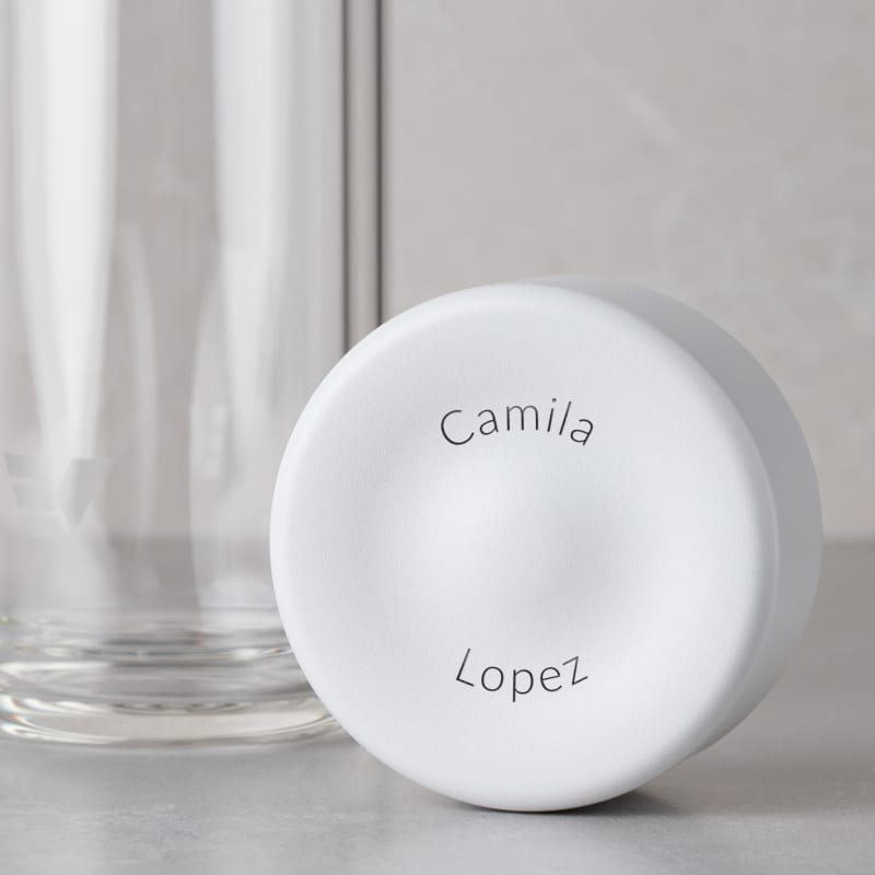 Personalized Ever Vessel Glass Multi double walled glass tea infuser bottle with the white lid removed showing the laser engraved name.