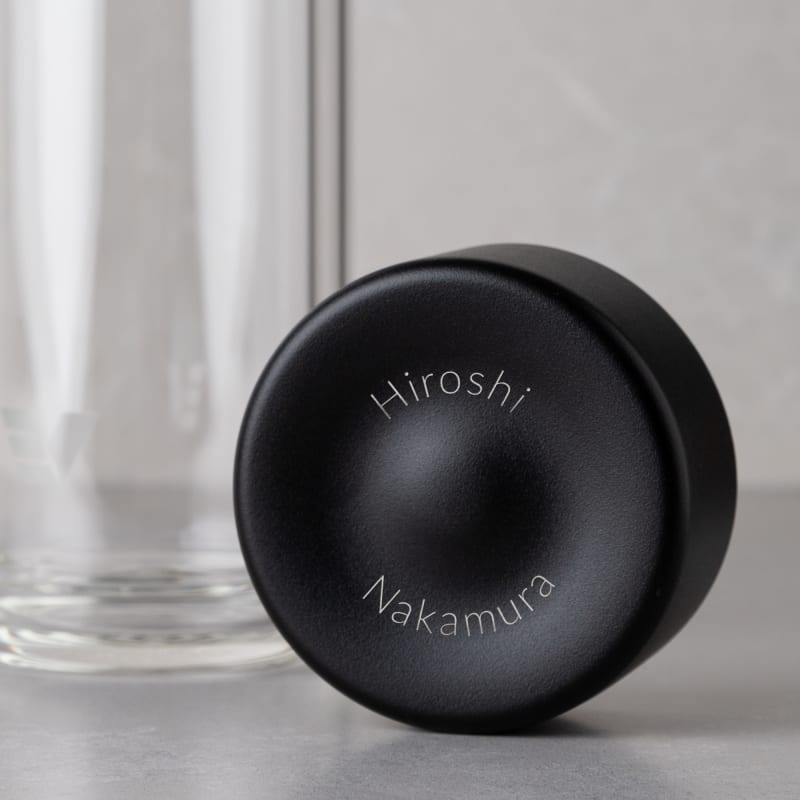 Personalized Ever Vessel Glass Multi double walled glass tea infuser bottle with the black lid removed showing the laser engraved name.