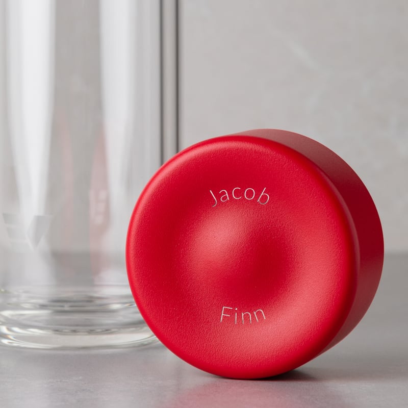 Personalized Ever Vessel Glass Multi double walled glass tea infuser bottle with the red lid removed showing the laser engraved name.