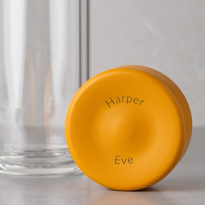 Personalized Ever Vessel Glass Multi double walled glass tea infuser bottle with the yellow lid removed showing the laser engraved name.