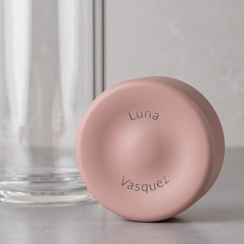 Personalized Ever Vessel Glass Multi double walled glass tea infuser bottle with the rose pink lid removed showing the laser engraved name.