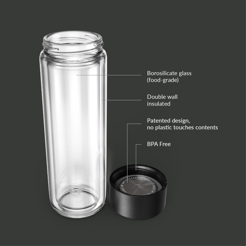 Ever Vessel Glass Multi glass water bottle and tea flask key features Black Sand