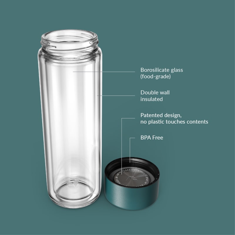 Ever Vessel Glass Multi glass water bottle and tea flask key features Teal