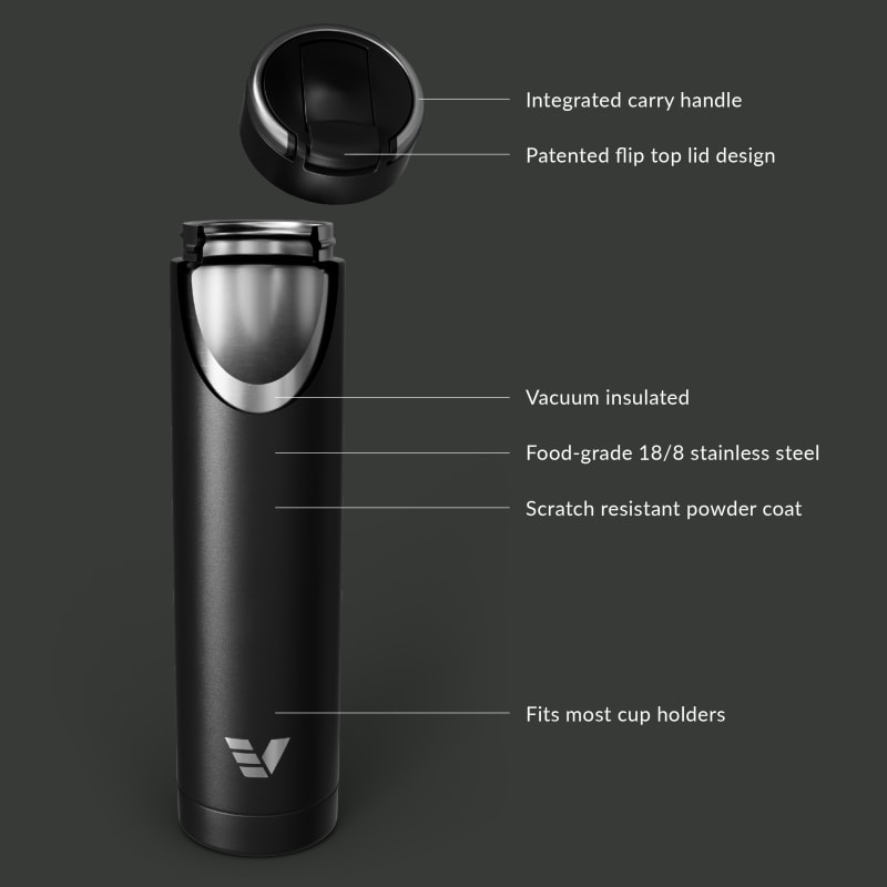Ever Vessel Super Maxi vacuum insulated stainless steel water bottle with key features text - black
