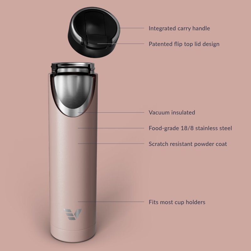 Ever Vessel Super Maxi vacuum insulated stainless steel water bottle with key features text - rose pink