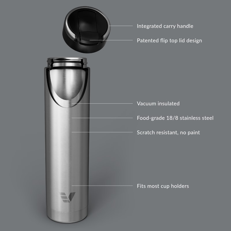 Ever Vessel Super Maxi vacuum insulated stainless steel water bottle with key features text - plain stainless steel