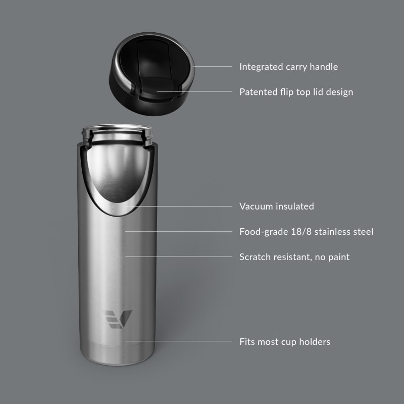 Ever Vessel Maxi vacuum insulated stainless steel water bottle with key features text - plain stainless