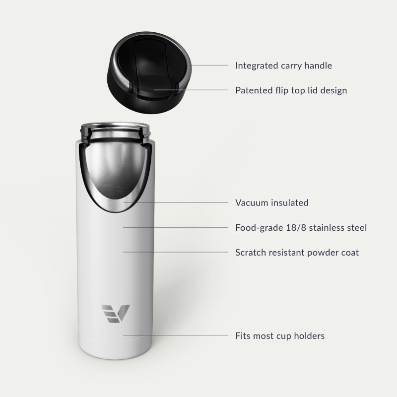 Ever Vessel Maxi vacuum insulated stainless steel water bottle with key features text - white