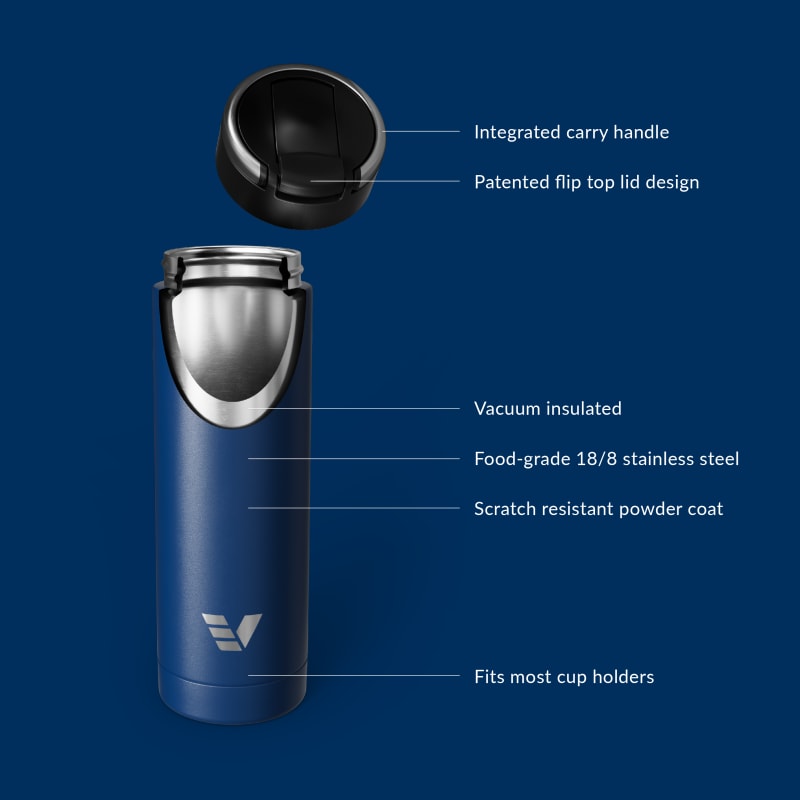Ever Vessel Maxi vacuum insulated stainless steel water bottle with key features text - blue
