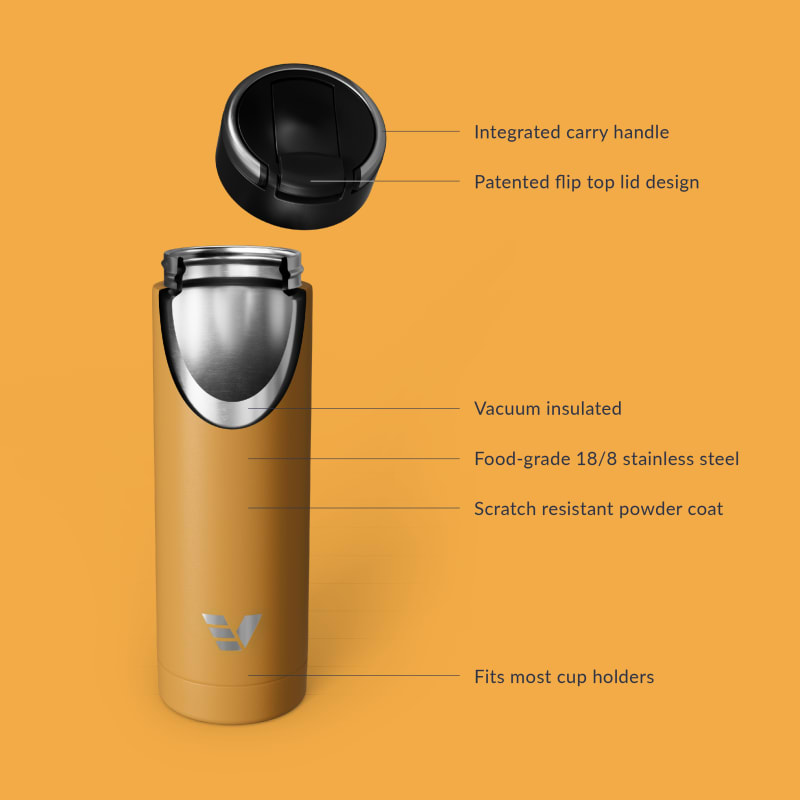 Ever Vessel Maxi vacuum insulated stainless steel water bottle with key features text - yellow