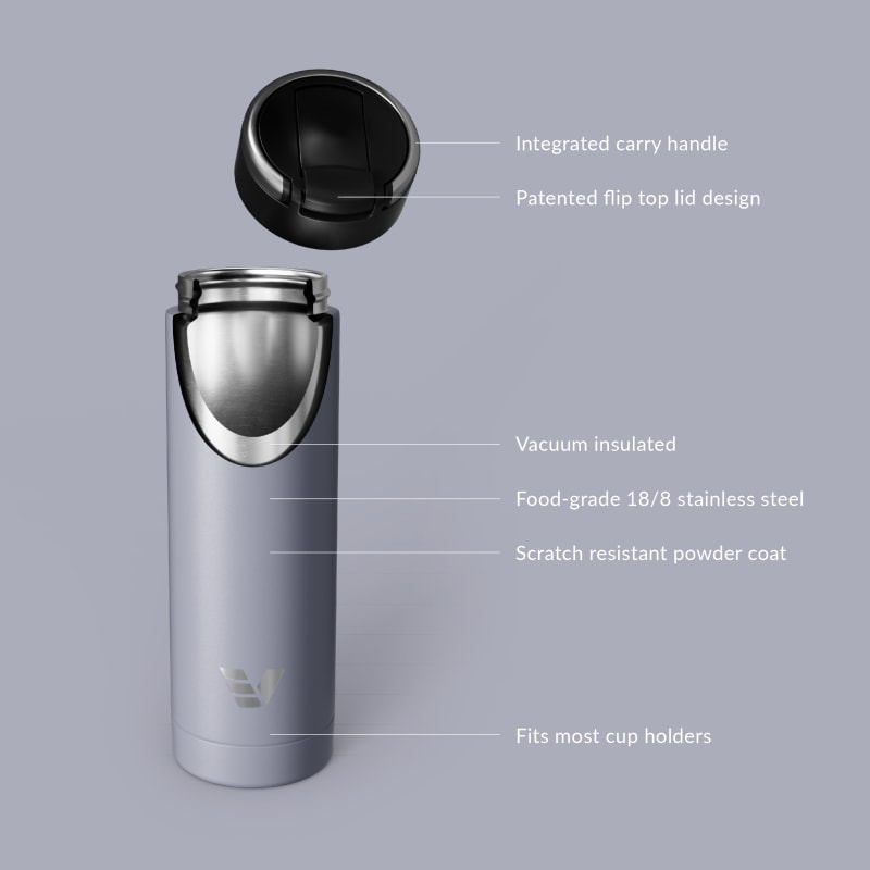 Ever Vessel Maxi vacuum insulated stainless steel water bottle with key features text - lilac