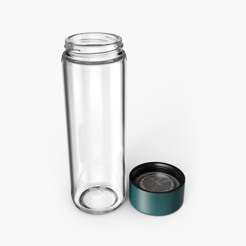 Ever Vessel Glass water bottle Teal with lid removed