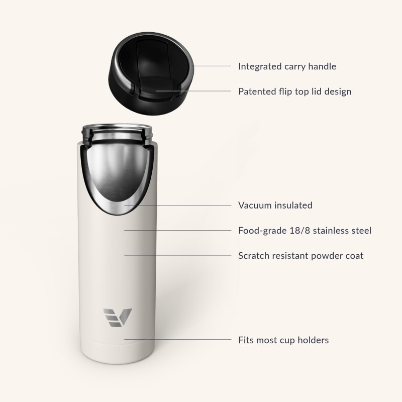 Ever Vessel Maxi vacuum insulated stainless steel water bottle with key features text - luna white