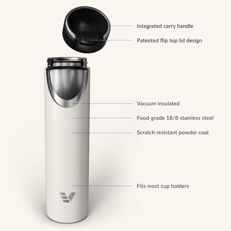 Ever Vessel Super Maxi vacuum insulated stainless steel water bottle with key features text - luna white