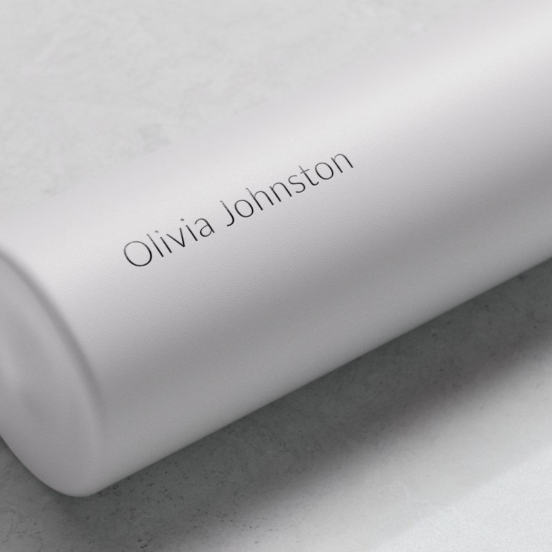 Personalized Ever Vessel Mini White Sand small water bottle with laser engraved name Olivia Johnston on the side.