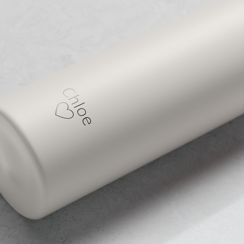 Personalized Ever Vessel Mini Luna White small water bottle with laser engraved text Chloe & a love heart emoji on the side.