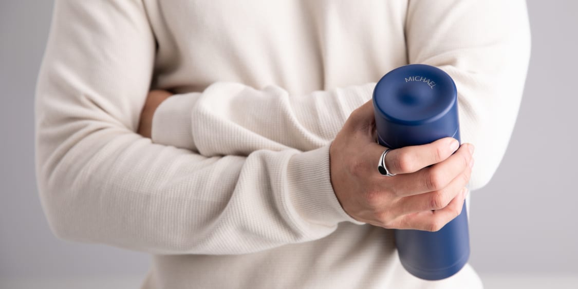blog ever vessel multi insulated water bottle in blue with name engraving