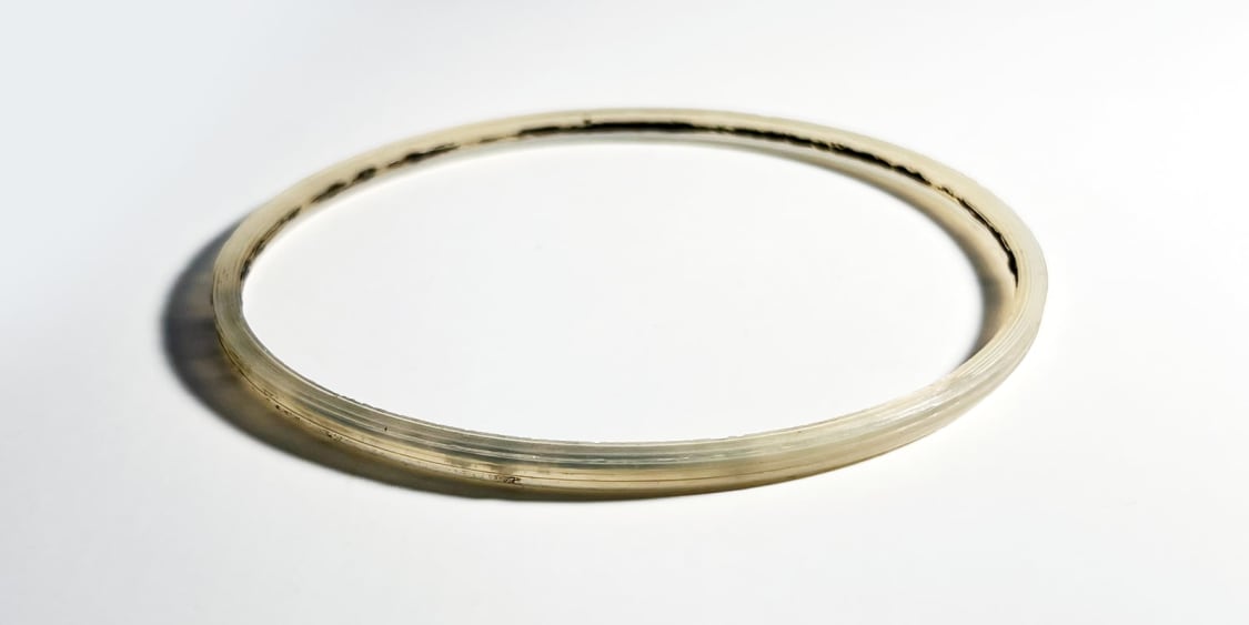 A very old silicone gasket from a water bottle that has gone yellow and moldy