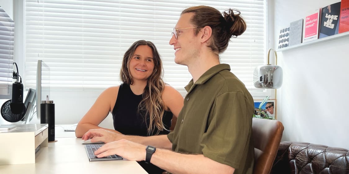 Graphic designers Ben and Viv at their Brisbane studio