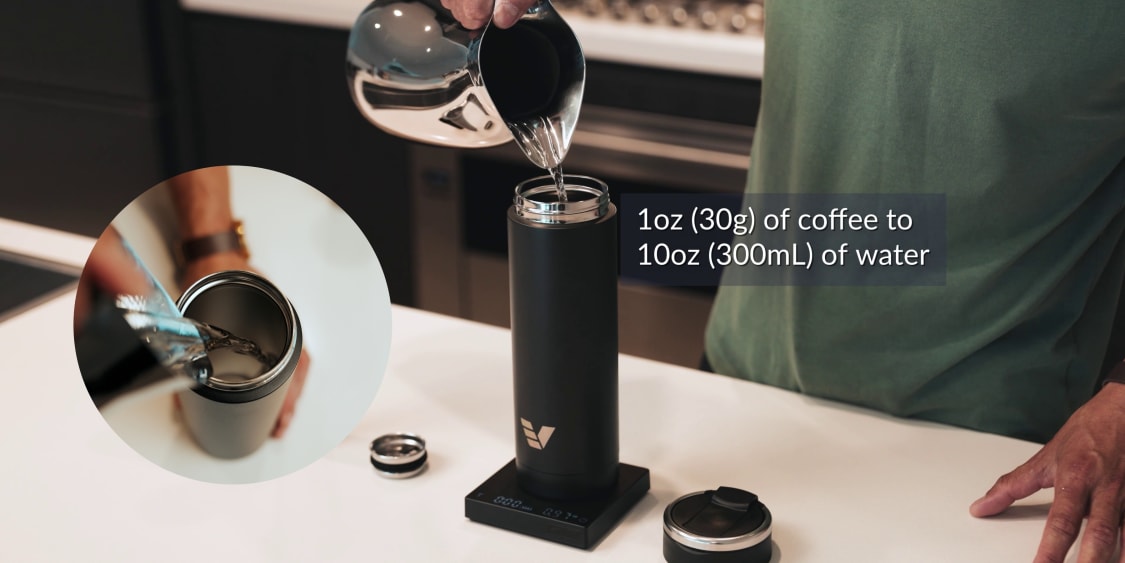 Adding water into an Ever Vessel Maxi Water Bottle in preparation to make a Cold Brew Coffee