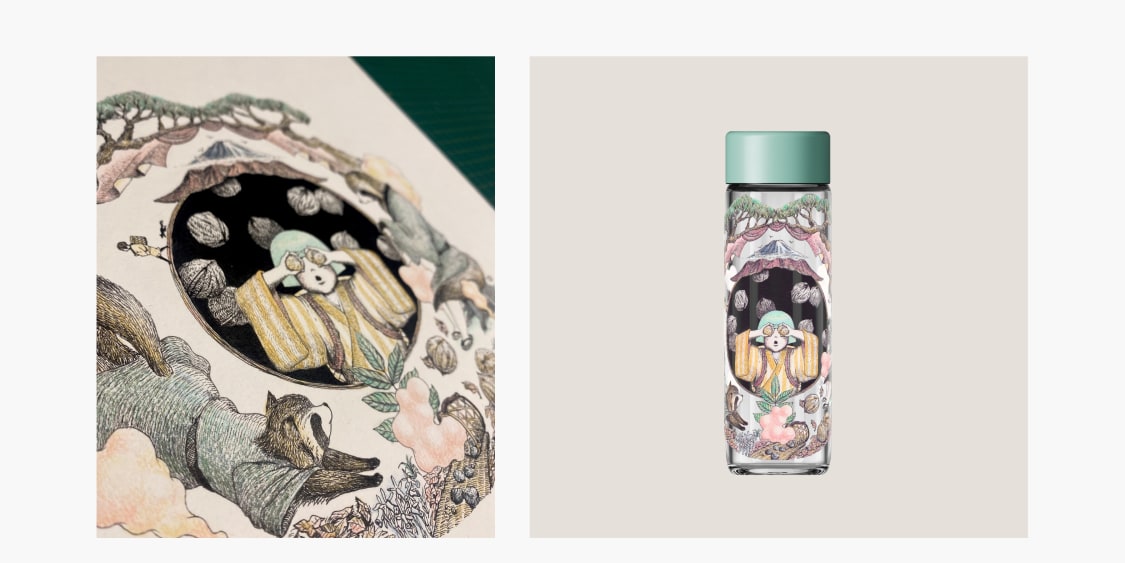 Ever Vessel Glass water bottle displaying Japanese artist Yuiko Uto of Buttons Ink artwork titled Ayako and Mujina