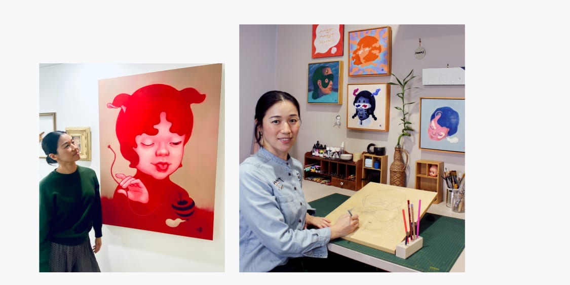 Japanese artist Yuiko Uto of Buttons Ink in her studio