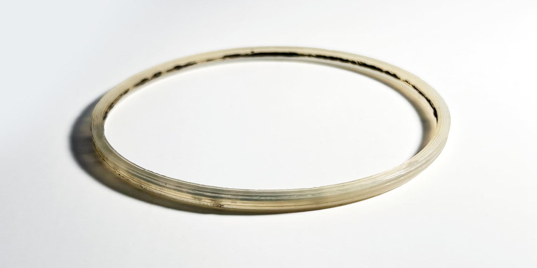A very old silicone gasket from a water bottle that has gone yellow and moldy